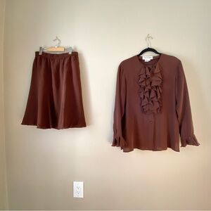 Elegant Silk Brown Skirt Blouse Set (DVF)